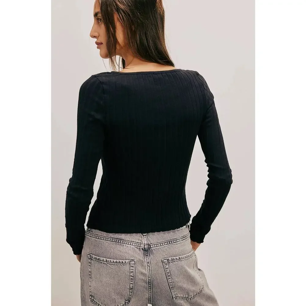 Free People XS Tilly Long-Sleeve Cardi Blouse Top Knit Ribbed Buttondown Black